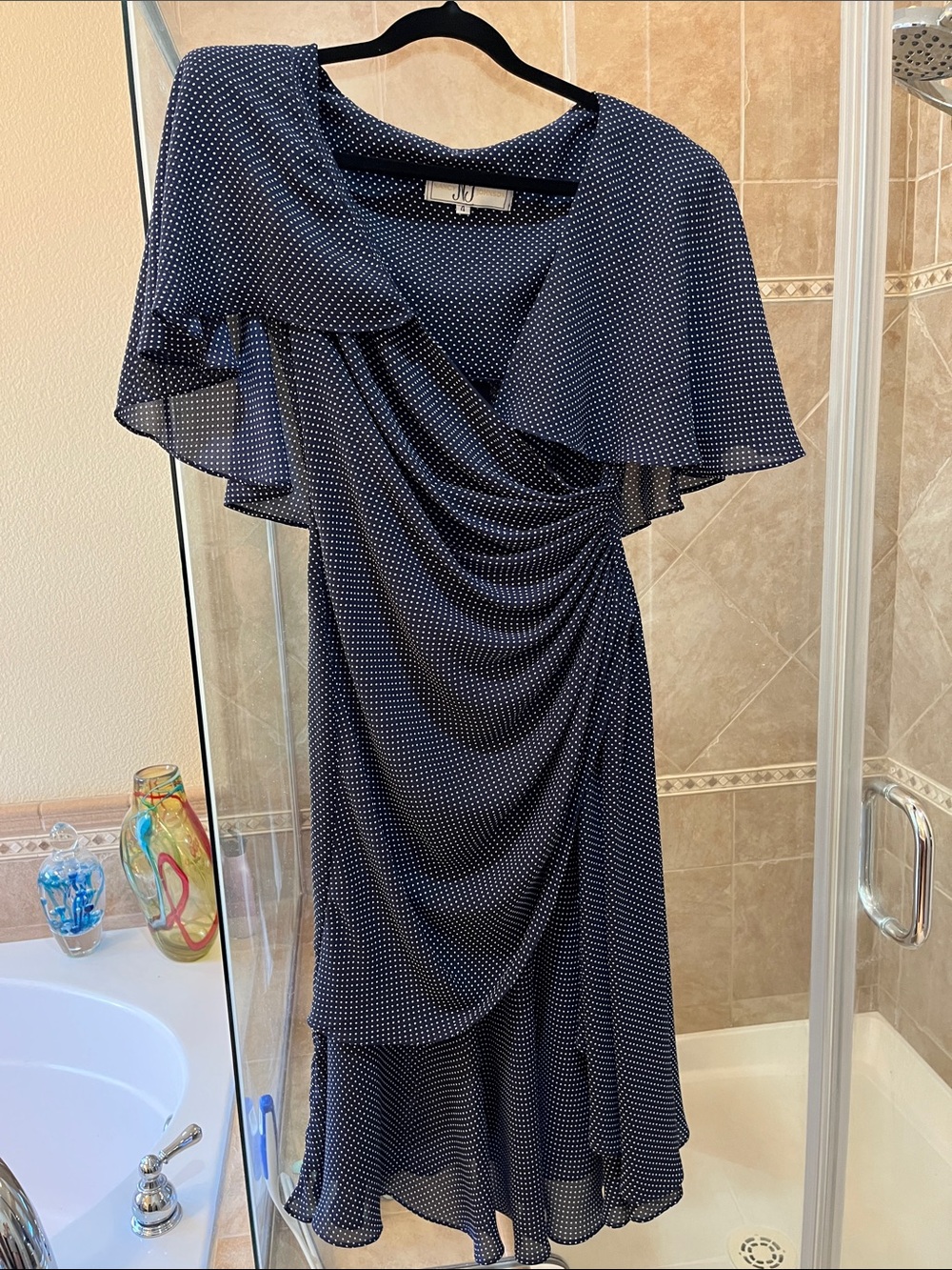 J.Jill Navy Polka Dot Midi Dress with Draped Wrap